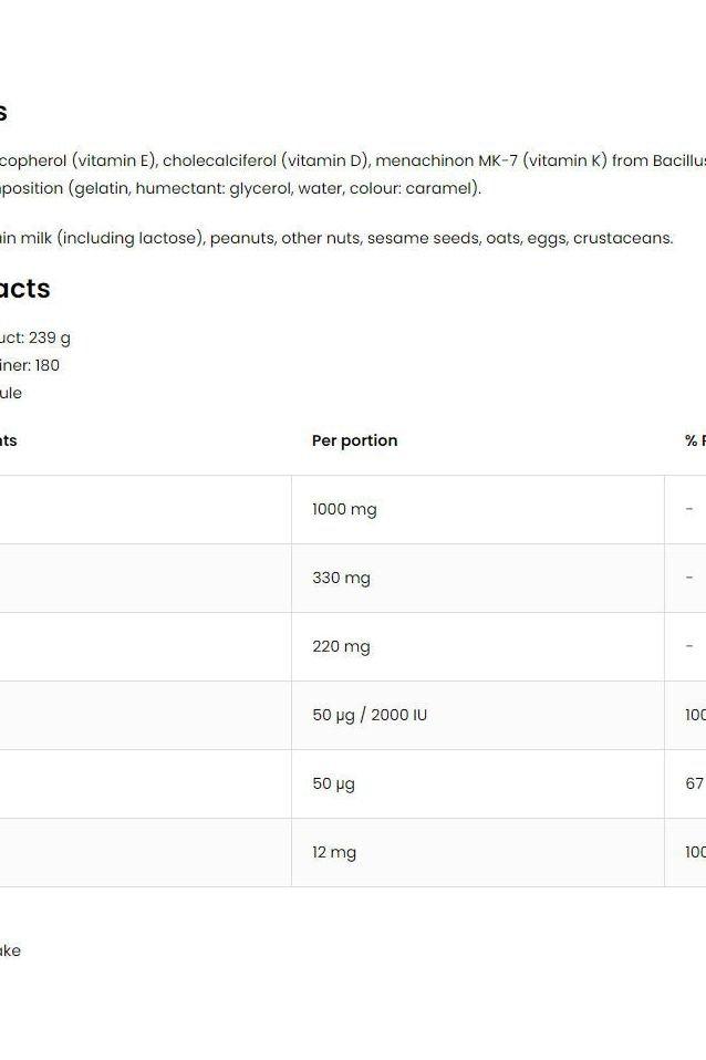 Nutritional information table for OstroVit Omega 3 D3+K2 supplement, including vitamins and minerals per portion.