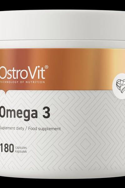 OstroVit Omega 3 dietary supplement, 180 capsules for heart and brain health support.