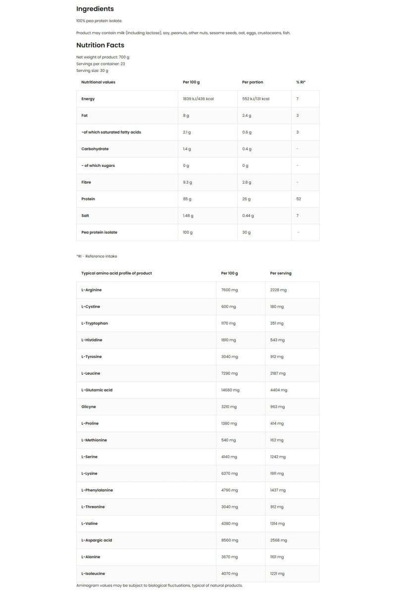 Nutritional facts and ingredient list for OstroVit Pea Protein Vege, highlighting key components and their quantities.