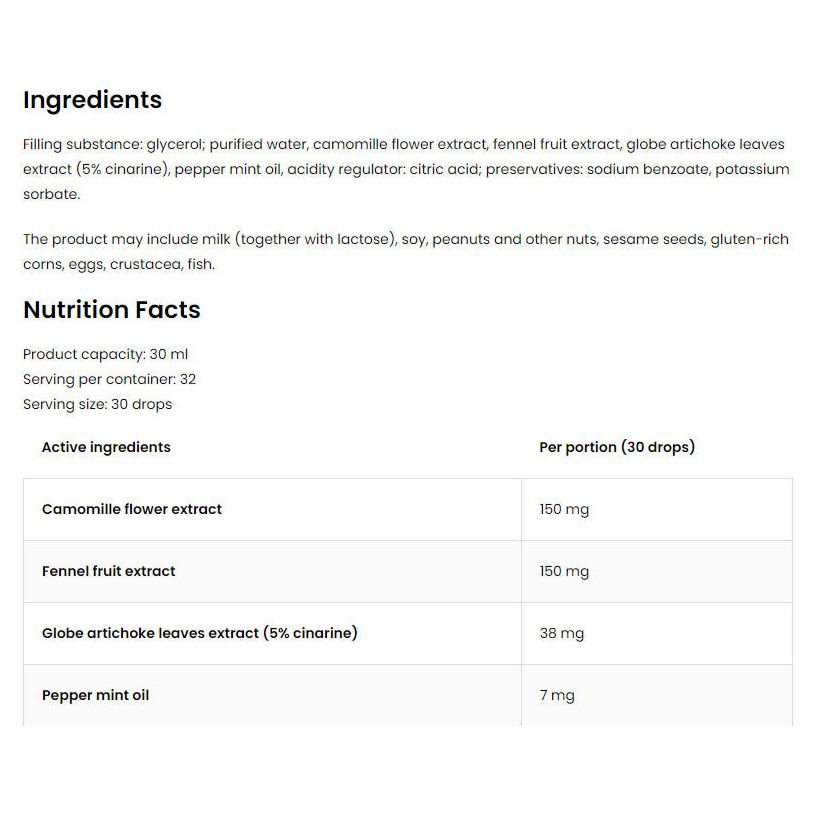 Ingredients and nutrition facts for OstroVit Pharma Digestive Drops, showcasing active components and capacities.