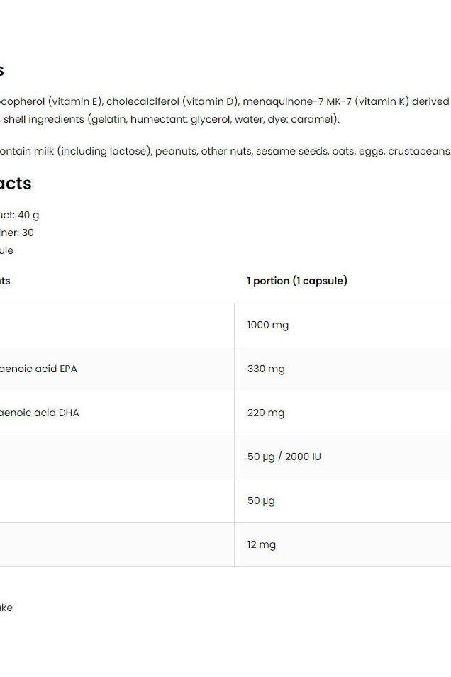 Nutritional facts for OstroVit Pharma Elite Omega 3 D3 + K2, detailing essential fatty acids and vitamins.