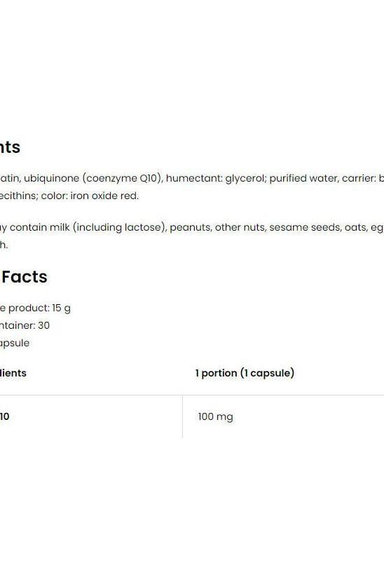 Nutritional information and ingredients for OstroVit Pharma Elite Q10 capsules, highlighting Coenzyme Q10 benefits.