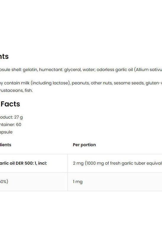OstroVit Pharma Garlic supplement facts and ingredients list on product label with details on garlic oil.