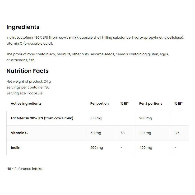 Nutritional information for OstroVit Lactoferrin LFS 90%, highlighting ingredients and serving details.