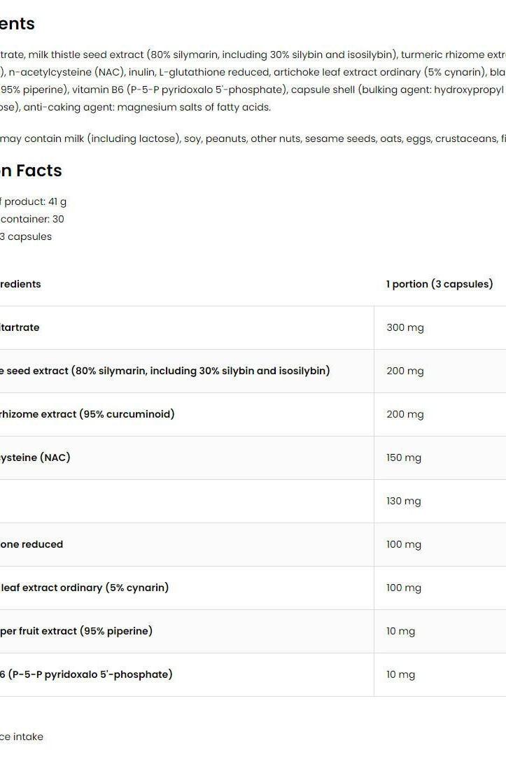 Nutritional ingredients for OstroVit Pharma Liver Aid capsules, highlighting key components for liver health.