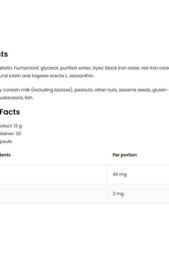 Nutritional ingredients and facts for OstroVit Pharma Lutein supplement, showing capsule details and nutritional content.