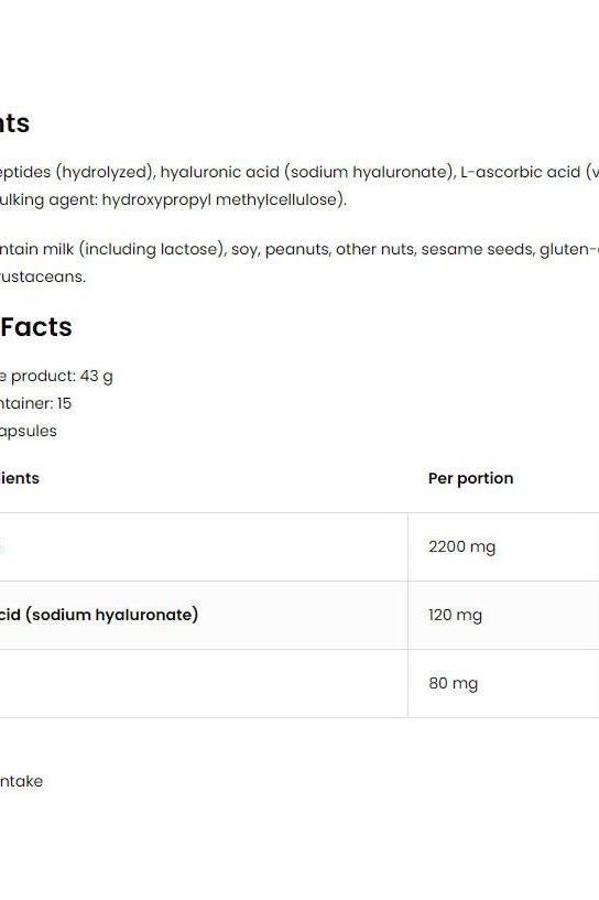 Nutritional facts for OstroVit Pharma Marine Collagen highlighting key ingredients and their amounts.