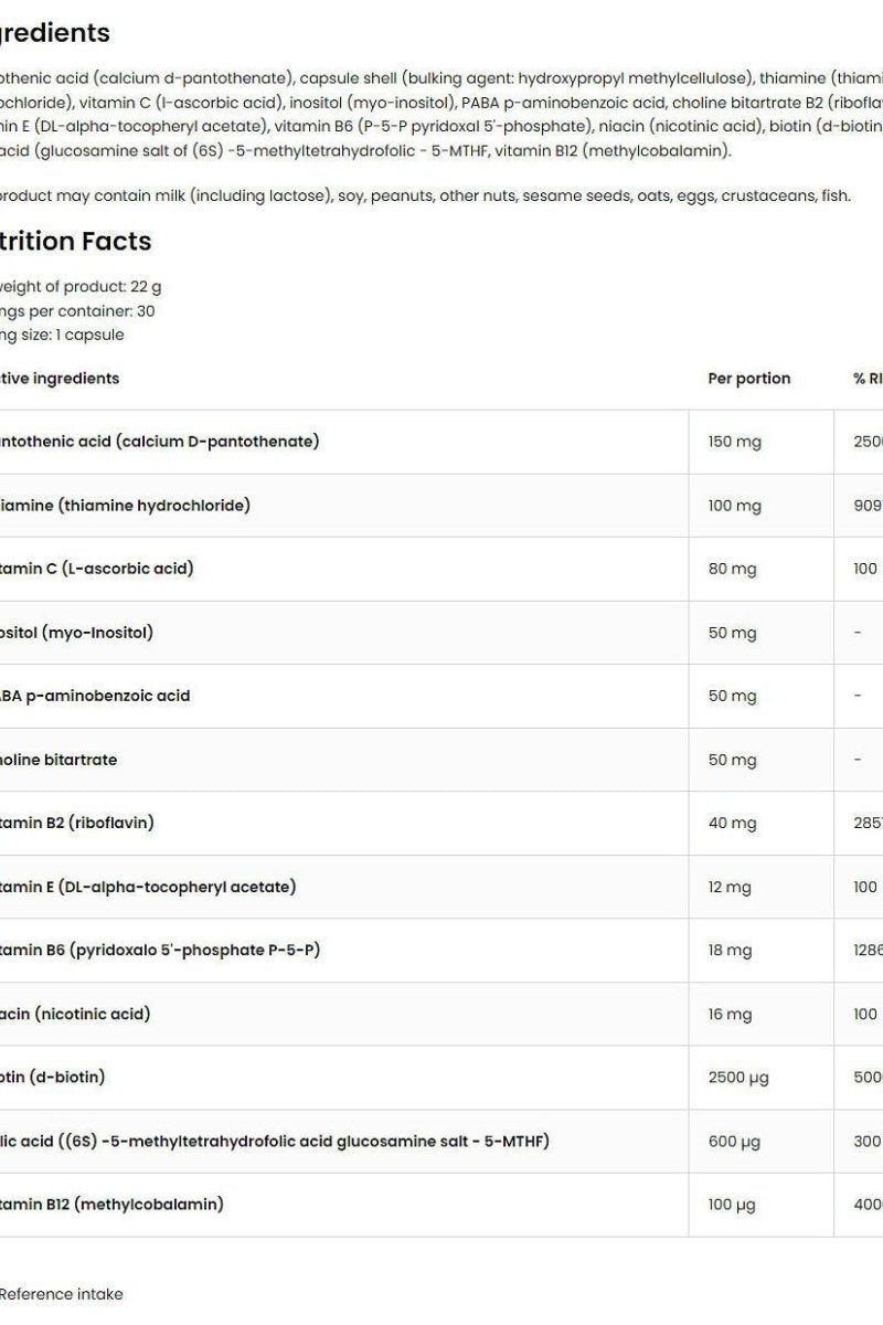 OstroVit Pharma Methyl B-Complex nutrition facts showing ingredients and their amounts per serving.