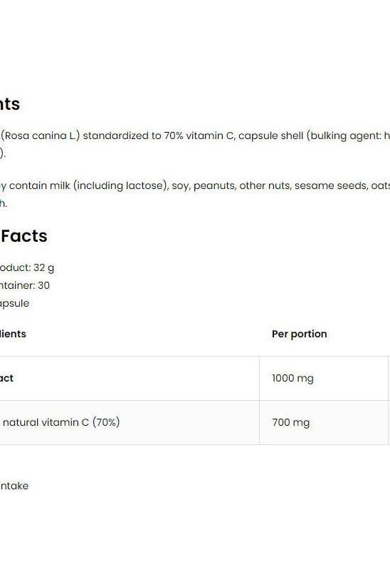 Nutritional information for OstroVit Pharma Natural Vitamin C from Rose Hips, showing ingredients and amounts per capsule.