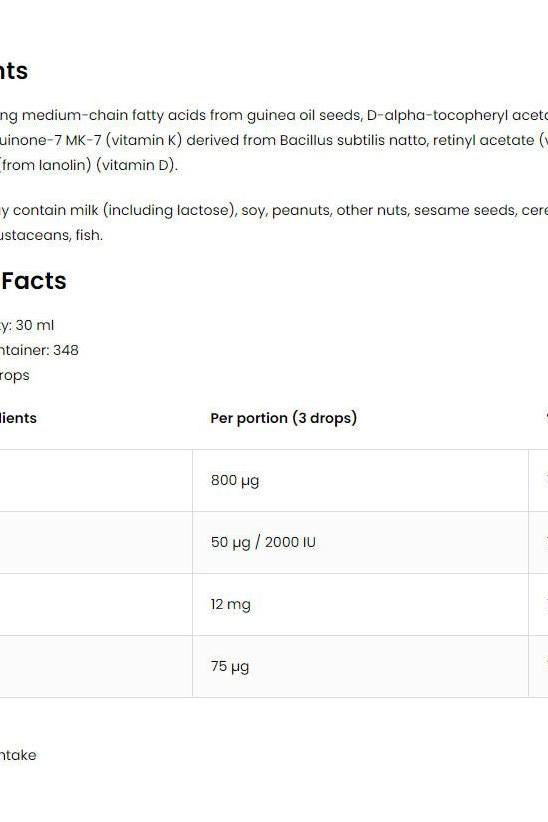 OstroVit Pharma Vitamin ADEK drops label showing ingredients and nutrition facts for optimal health support.