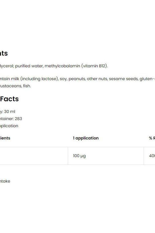 OstroVit Vitamin B12 Methylcobalamin spray ingredient and nutritional facts overview, 30 ml size.