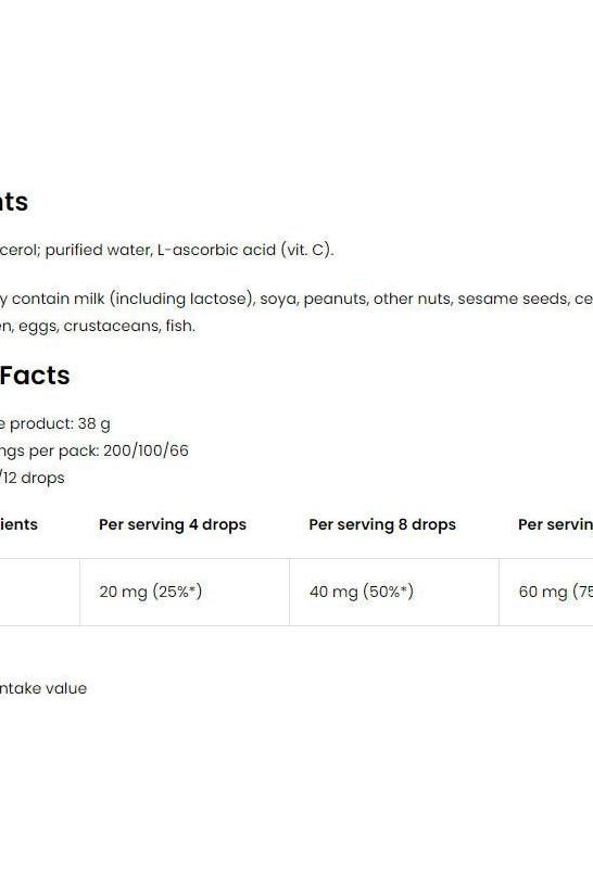OstroVit Pharma Vitamin C KIDS drops nutrition facts and ingredients list, showcasing vitamin content per serving.