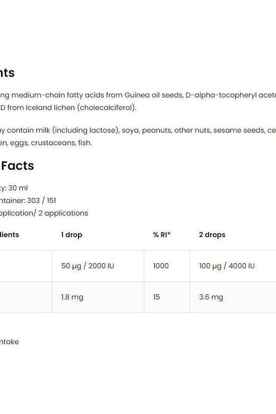 Nutritional information for OstroVit Pharma Vitamin D3 4000 IU VEGE spray, detailing ingredients and application suggestions.