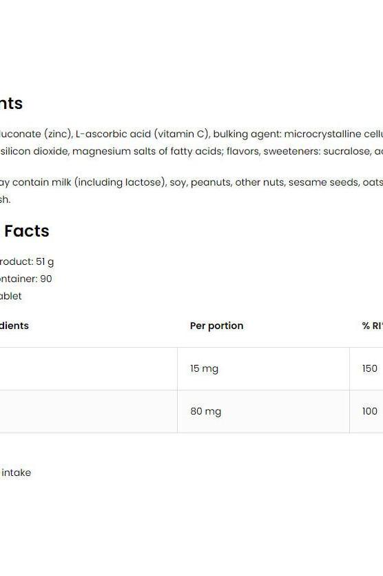 OstroVit Pharma Zinc Lozenges ingredients and nutritional facts panel with recommended intake details.