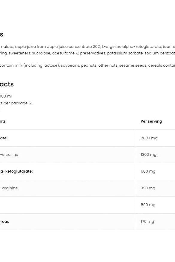 OstroVit Pre Workout Nutrition Shot information table; nutritional details for cherry flavor shot.