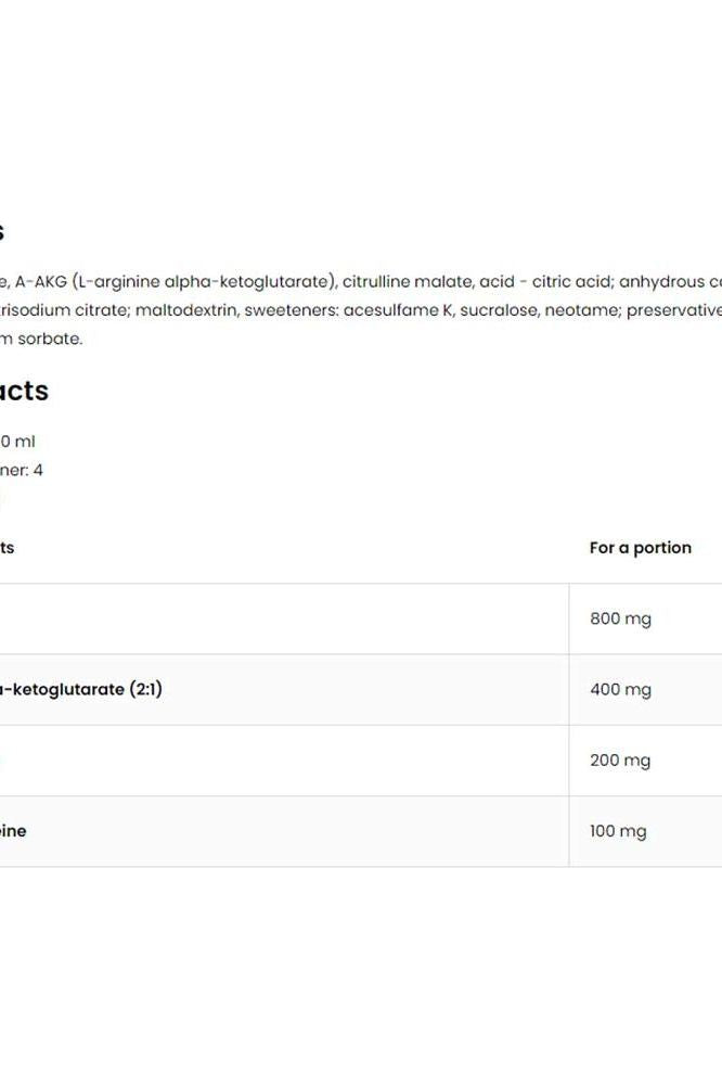 Nutrition facts and ingredients for OstroVit Pre Workout Shot, highlighting dosage per portion.