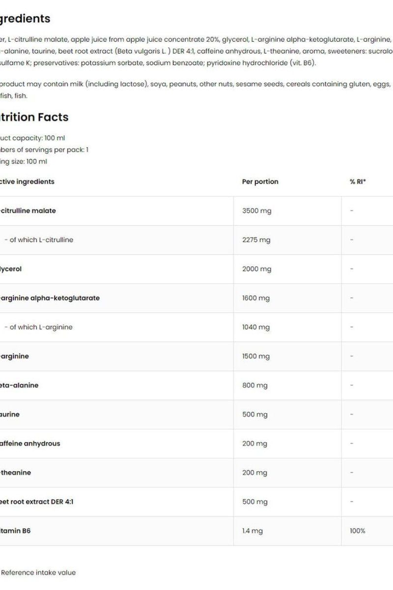 OstroVit Pump Nitro Shot ingredients and nutrition facts table for optimal energy and performance during workouts.