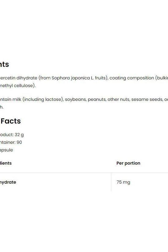 Ingredients and nutritional facts for OstroVit Quercetin VEGE, 90 capsules, including quercetin content and allergen information.