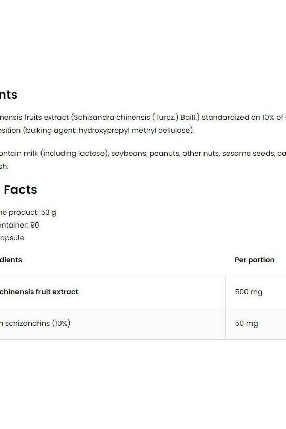 Schisandra Chinensis VEGE product label showing ingredients and nutritional facts including extract and schisandrin content.