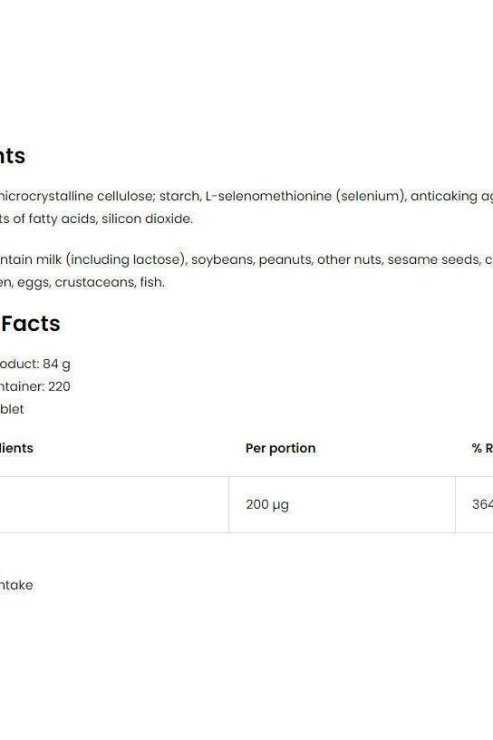 Nutritional information for OstroVit Selenium tablets, ingredients and serving details.