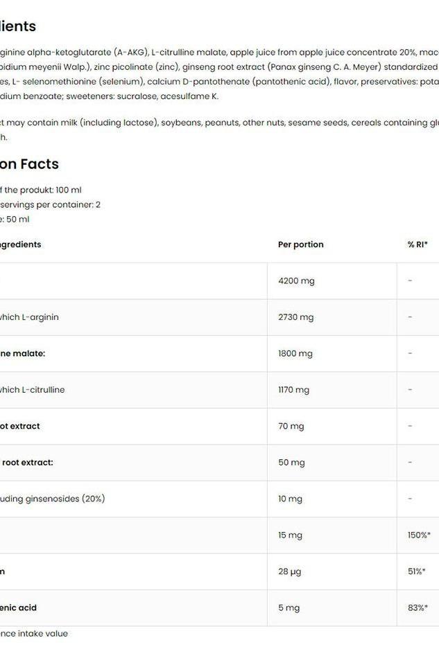 OstroVit Sex Pro Shot ingredients list with nutritional information for libido support, 100 ml.