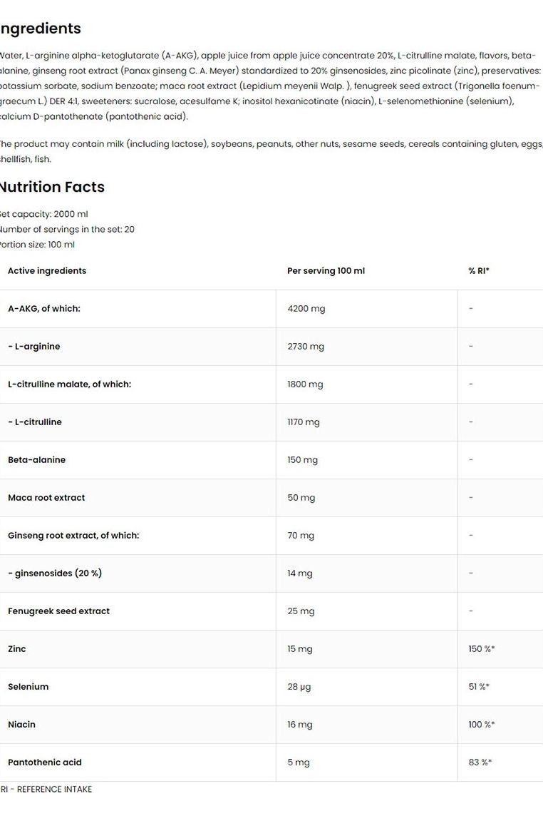 Ingredient list and nutrition facts for OstroVit Sex Pro Women Shot 100 ml, highlighting active ingredients and their amounts.
