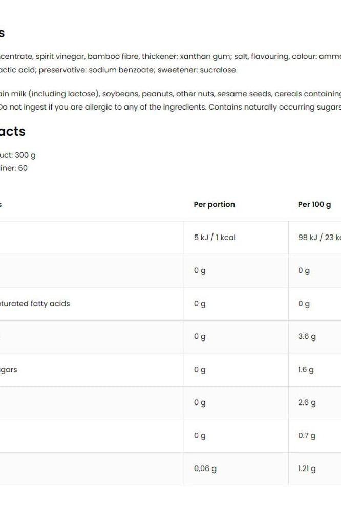 Nutritional information for OstroVit Spicy Salsa Sauce, highlighting calories, ingredients, and serving details.