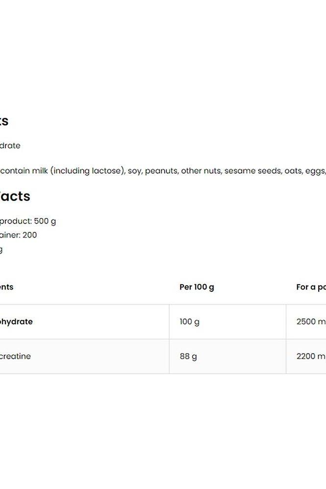 Nutritional information for OstroVit Supreme Pure Creatine Monohydrate - 500g product details.