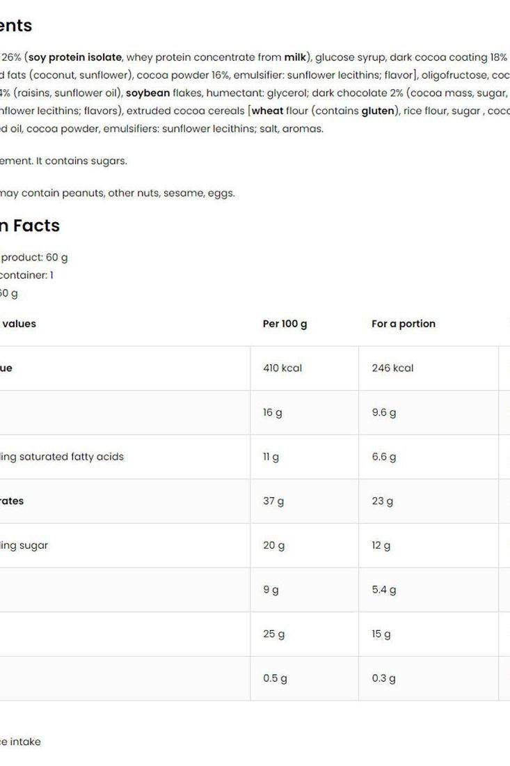 Nutrition facts and ingredients list for OstroVit - THE BAR protein snack, detailing calories and nutrient breakdown.