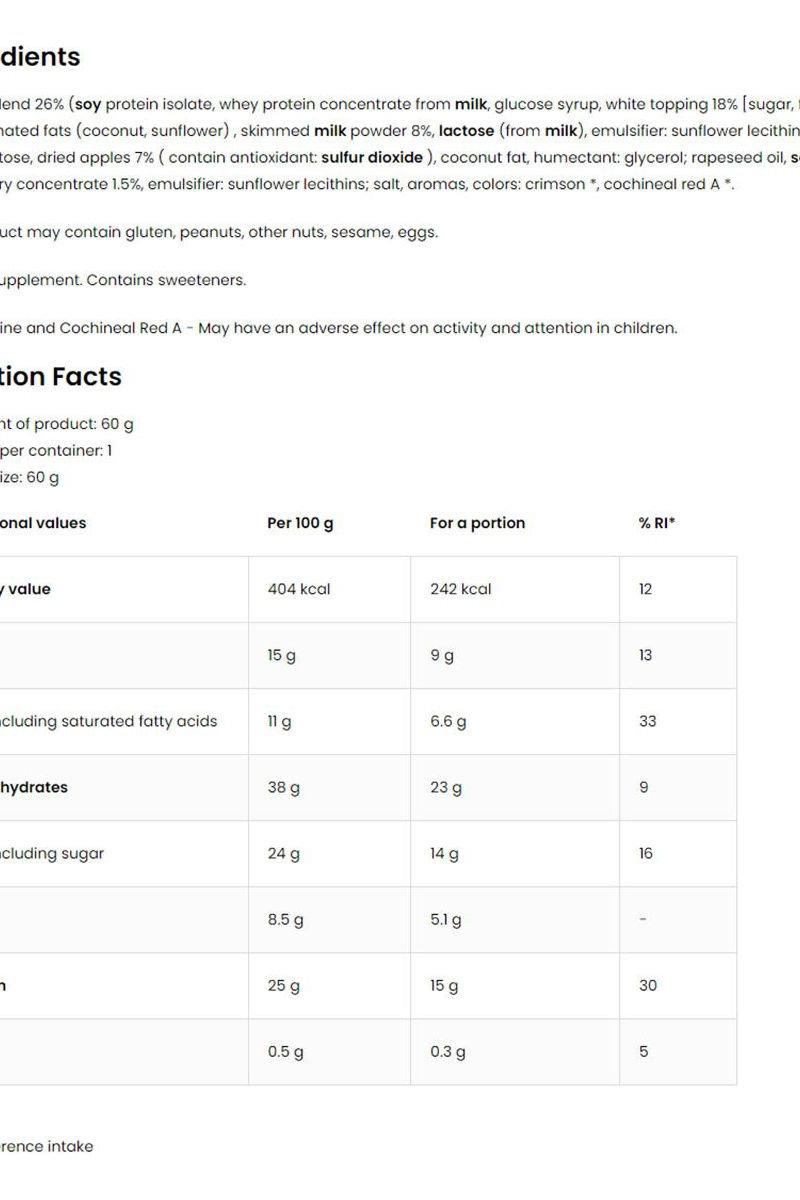 Nutritional information and ingredients for OstroVit THE BAR, detailing calories, protein, and key nutrients.