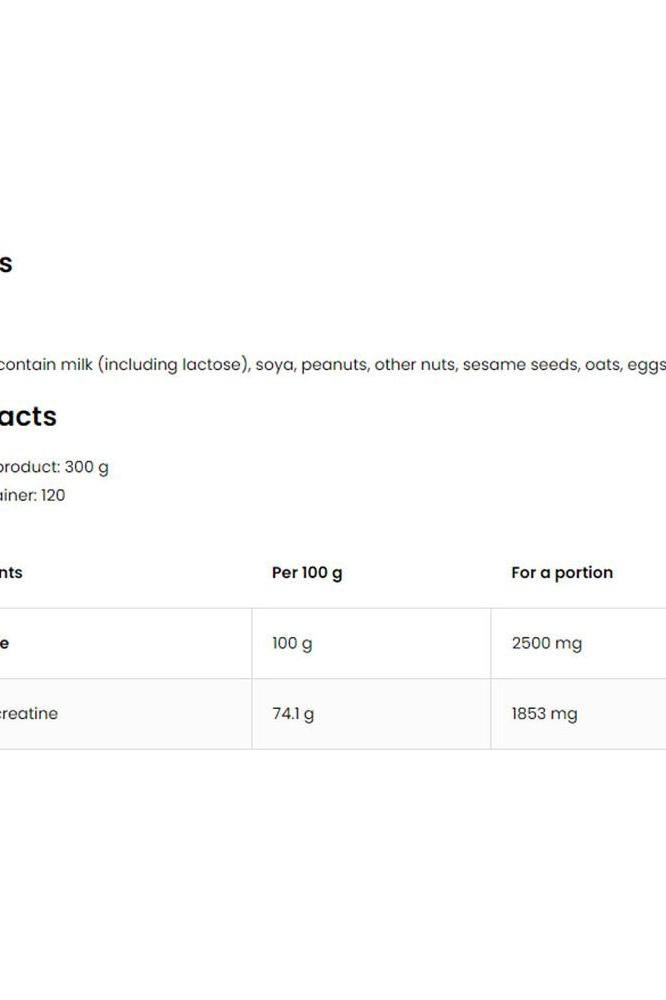 Nutritional information for OstroVit Tri-Creatine Malate detailing key ingredients and their amounts per 100g and per portion.