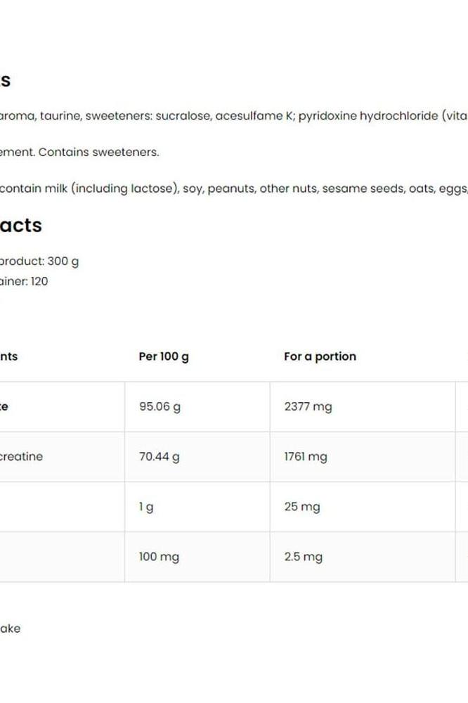 OstroVit Tri-Creatine Malate nutritional information table with ingredients and serving details.