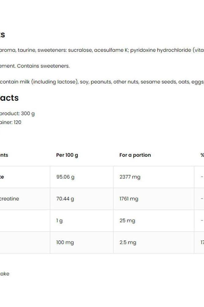 OstroVit Tri-Creatine Malate nutritional facts including ingredients and serving sizes.