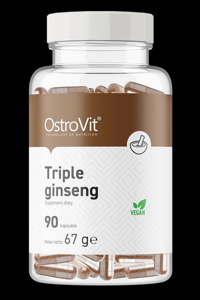 OstroVit Triple Ginseng VEGE supplement bottle with 90 vegan capsules for energy and vitality.