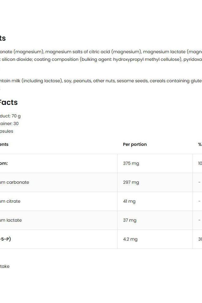 Nutritional facts for OstroVit Triple Magnesium + B6 P-5-P supplement, displaying ingredients and dosage information.
