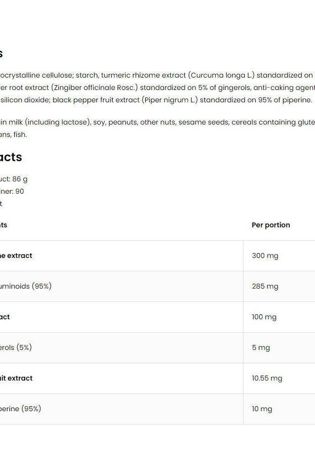 Ingredient list and nutritional information for OstroVit Turmeric + Black Pepper + Ginger tablets.