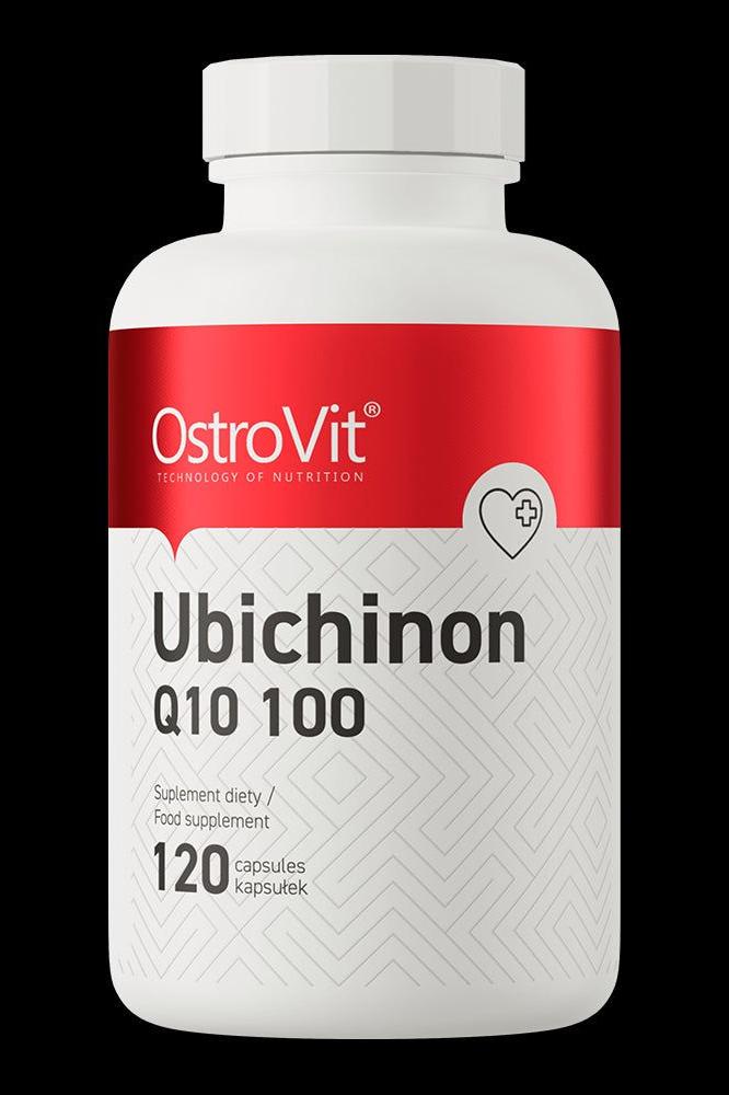 OstroVit Ubichinon Q10 100 mg dietary supplement bottle with 120 capsules for health and vitality.