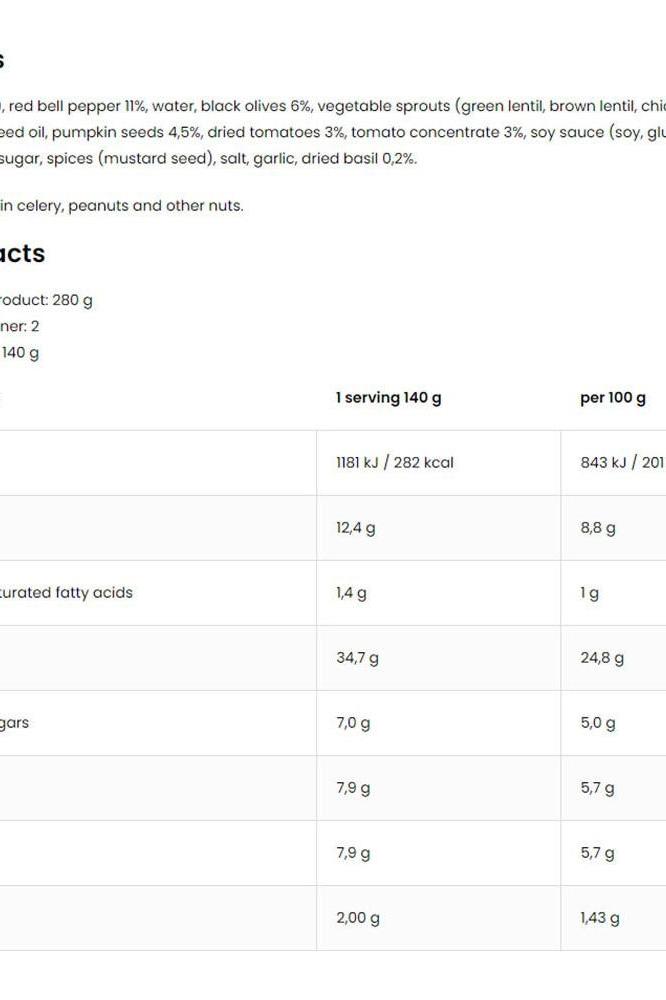 Nutrition facts for OstroVit VEGE Dish with Bulgur Grain and Sprouts, 280 g, including calories and ingredients.