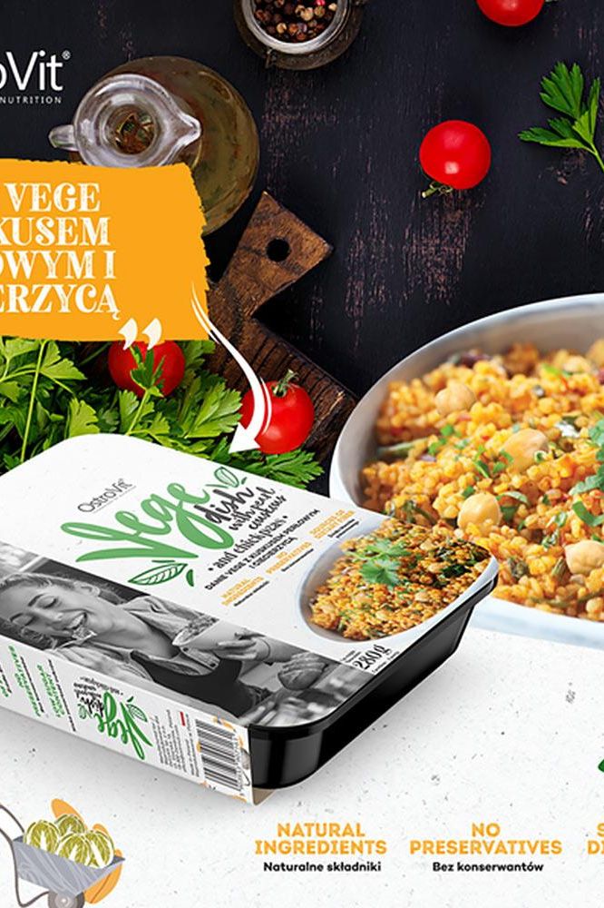 OstroVit VEGE dish featuring pearl couscous and chickpeas, with fresh ingredients and no preservatives.