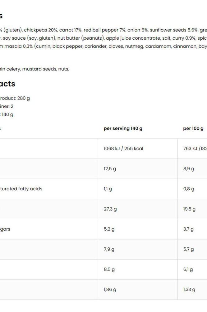 Nutritional information for OstroVit VEGE dish with pearl couscous and chickpeas, including ingredients and serving details.