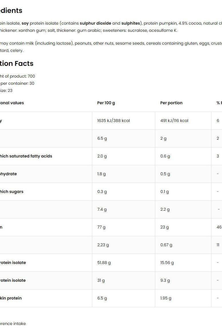 OstroVit - VEGE Protein Blend nutrition facts and ingredients breakdown on packaging.