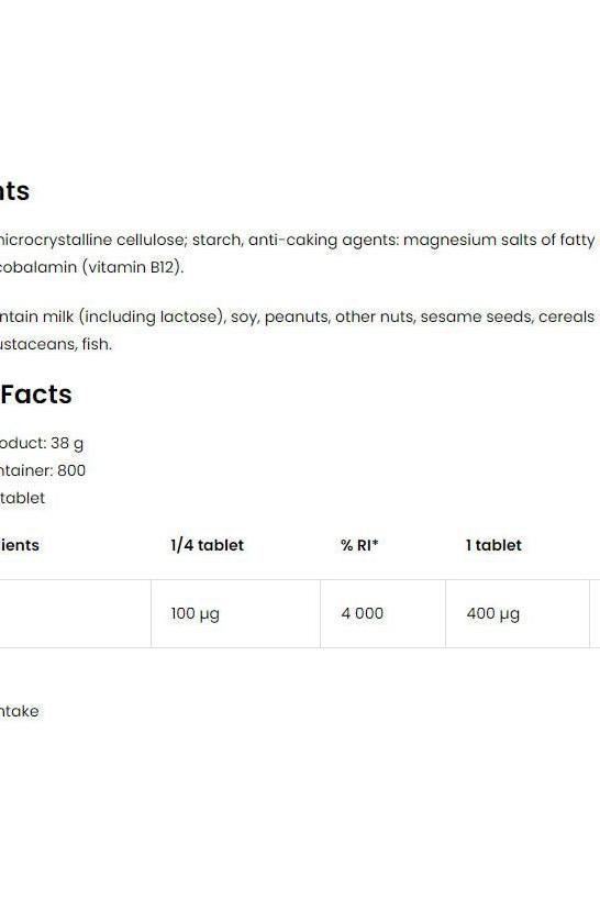 OstroVit Vitamin B12 Methylcobalamin ingredients and nutritional facts table for 200 tablets.