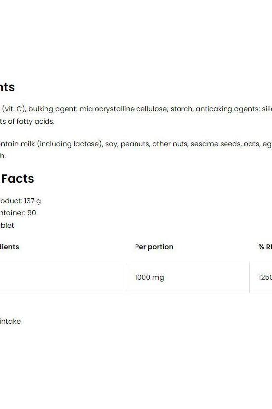 OstroVit Vitamin C 1000 mg nutrition facts and ingredient list on product label.