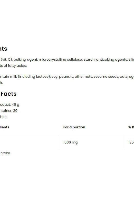 Nutritional facts sheet for OstroVit Vitamin C 1000 mg, highlighting ingredients and portion details.