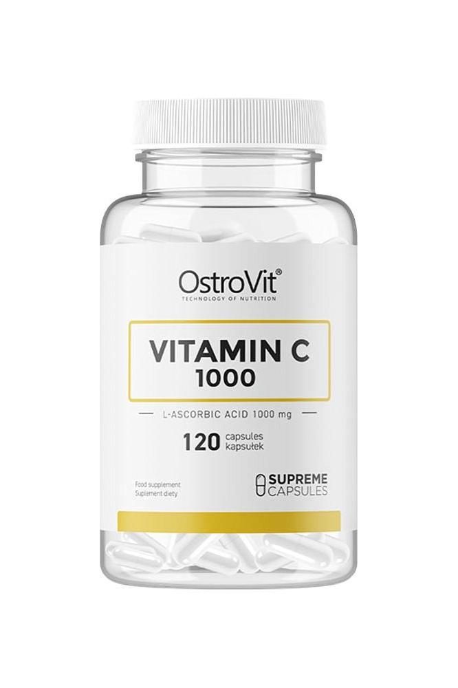 OstroVit Vitamin C 1000 mg capsules in container, powerful antioxidant for immune system support.