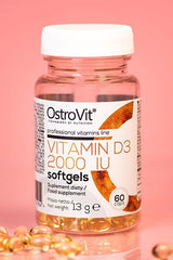 OstroVit Vitamin D3 2000 IU 60 softgels bottle for dietary supplement with high bioavailability and mineral support.