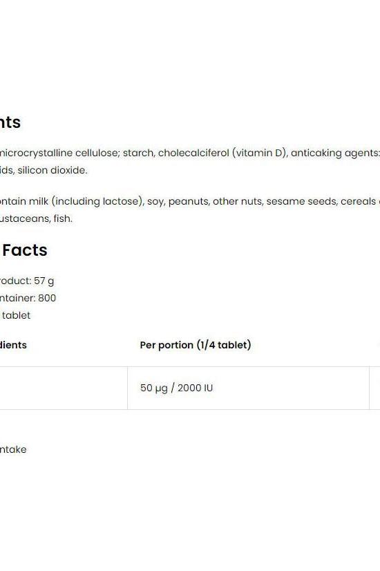 OstroVit Vitamin D3 8000 IU supplement facts and ingredients list.