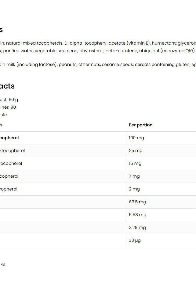 Ingredient list for OstroVit Vitamin E Natural Tocopherols Complex, detailing active components and nutrition facts.