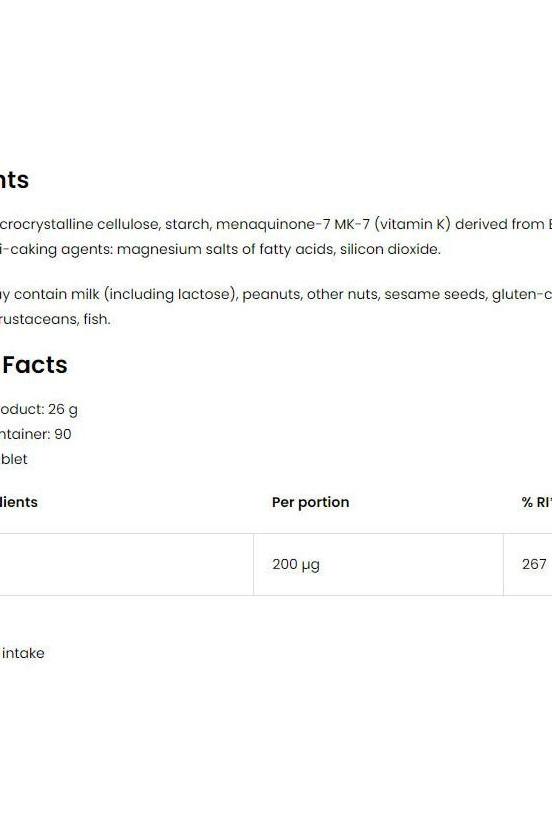 Ingredient list and nutritional facts for OstroVit Vitamin K2 200 Natto MK-7 tablets.