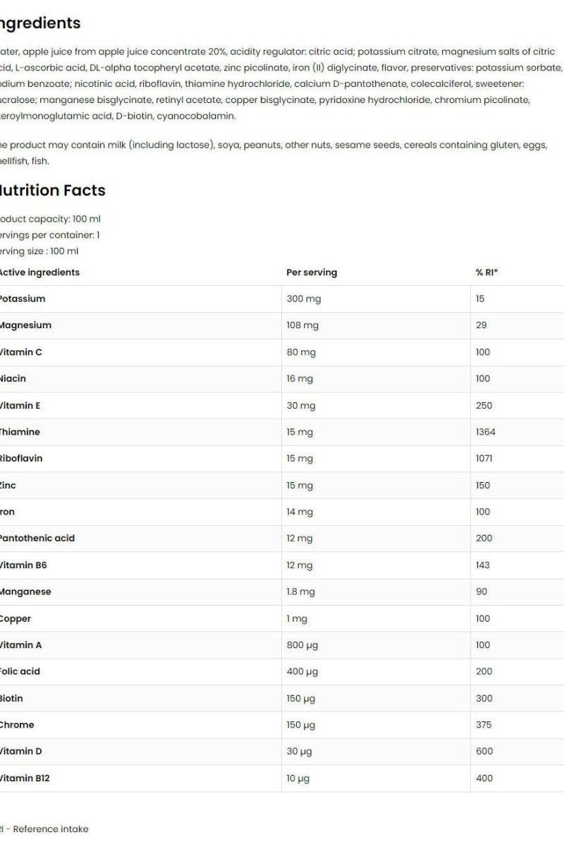 Nutritional facts and ingredient list for OstroVit VIT&MIN Shot, highlighting vitamins and minerals.
